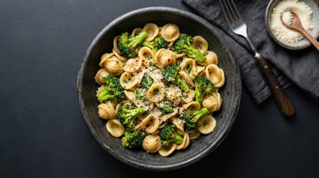 Bowl of orecchiette with broccoli sprinkled with Parmesan