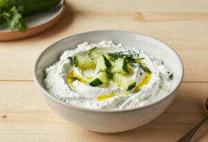 Bowl of tzatziki with dill