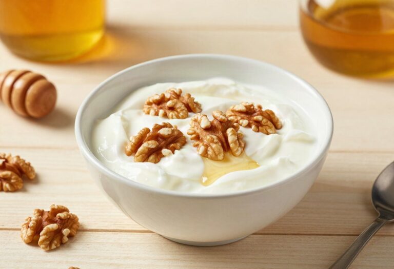Bowl of Greek yoghurt, walnuts and honey