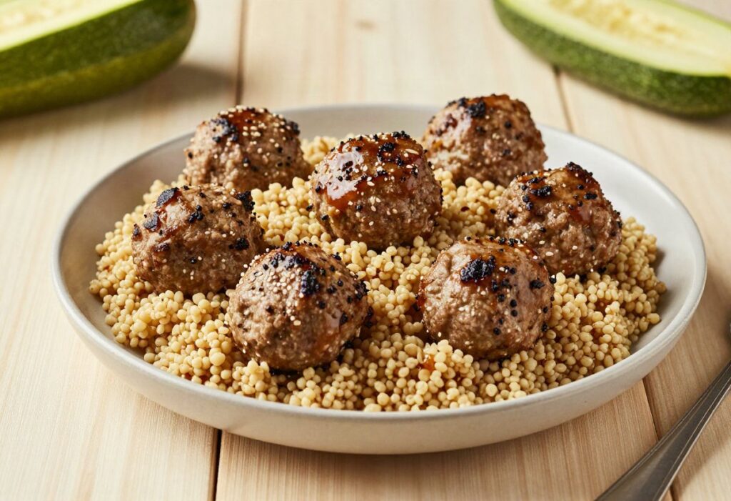 Beef meatballs, wholewheat semolina and courgettes