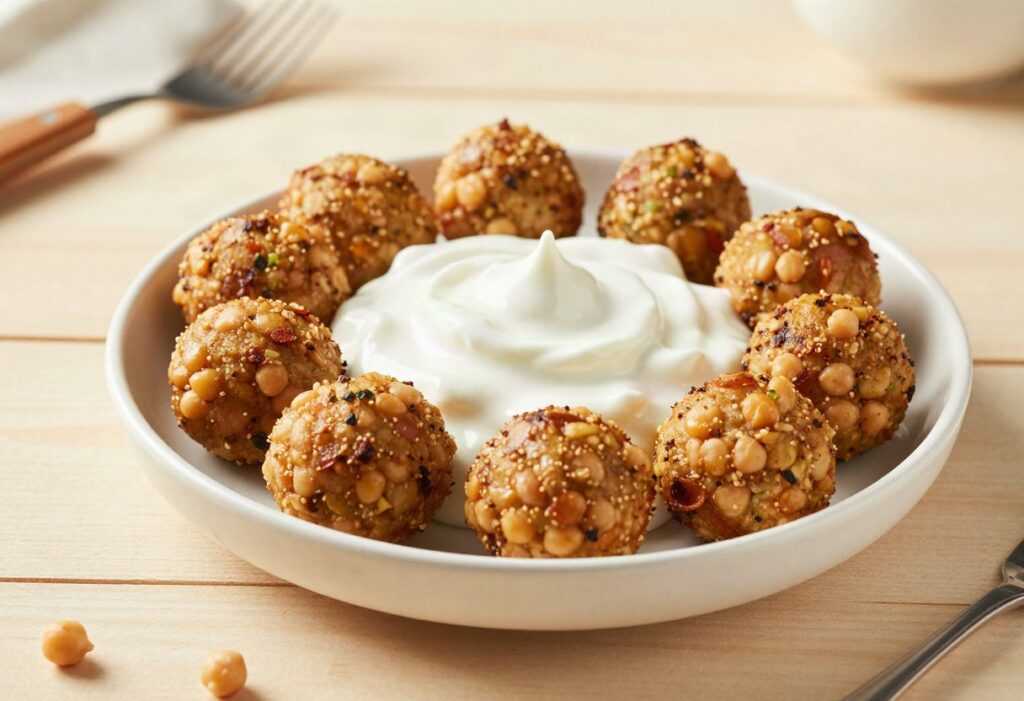 Chickpea balls with yoghurt sauce