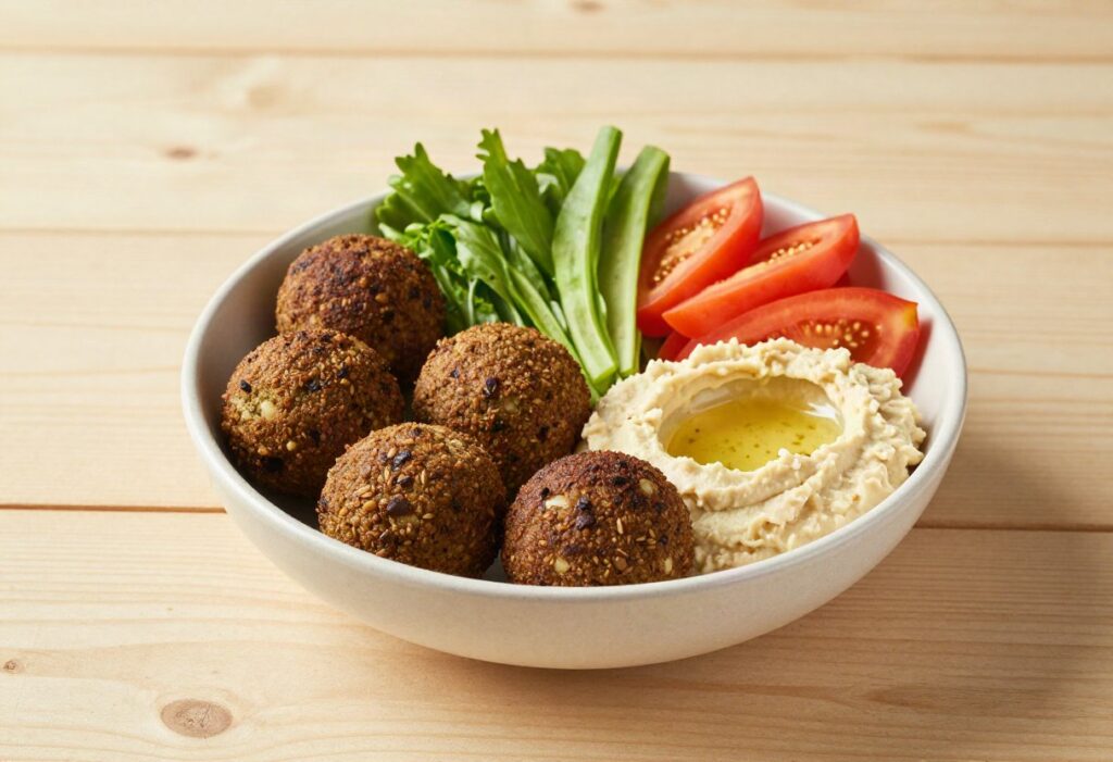 Falafel, hummus and raw vegetable bowl