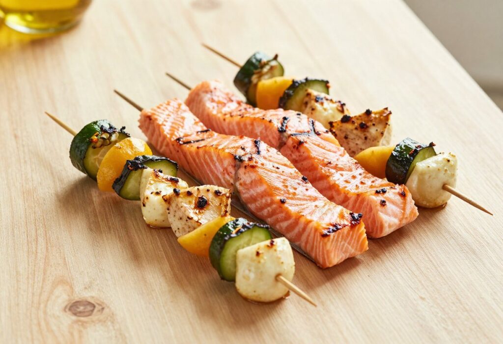 Salmon and vegetable skewers