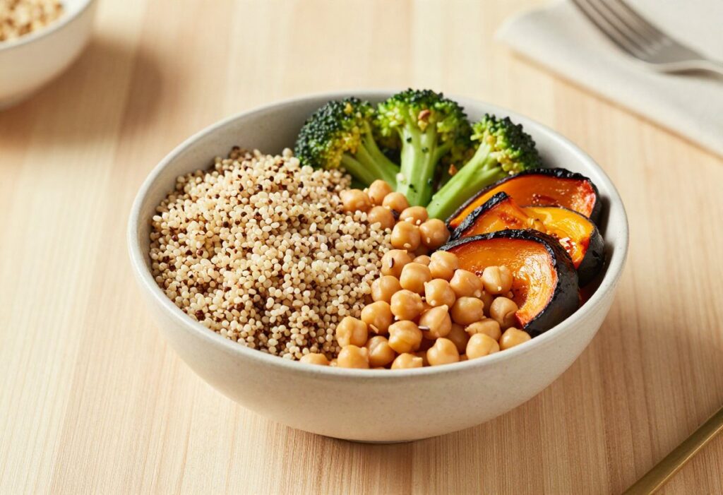 Buddha bowl quinoa, pois chiches et légumes rôtis