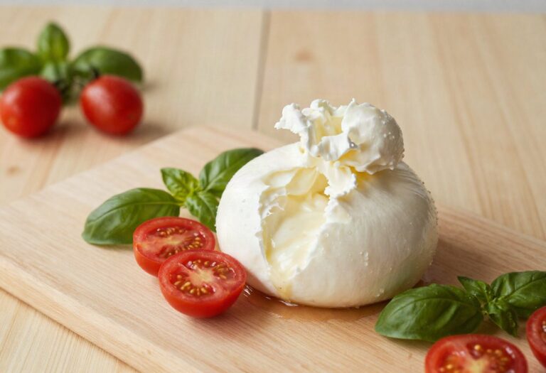Opened burrata with cherry tomatoes and basil