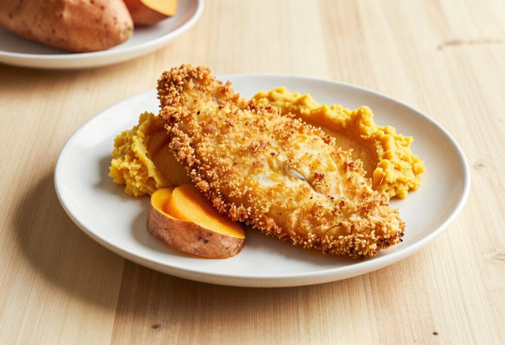 Baked breaded cod and sweet potato mash