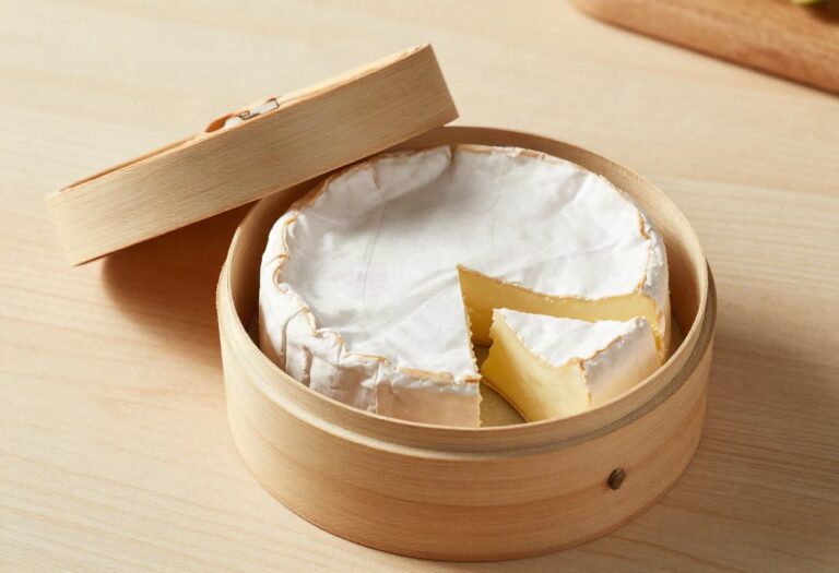 Raw milk Camembert in its wooden box, a slice cut