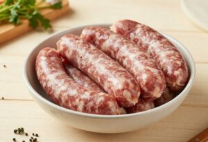 Sausage meat in a bowl with herbs