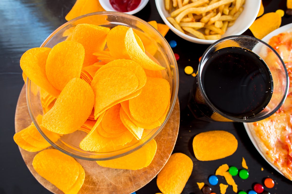 Crisps, fizzy drink, chips, pizza and sweets, examples of ultra-processed products