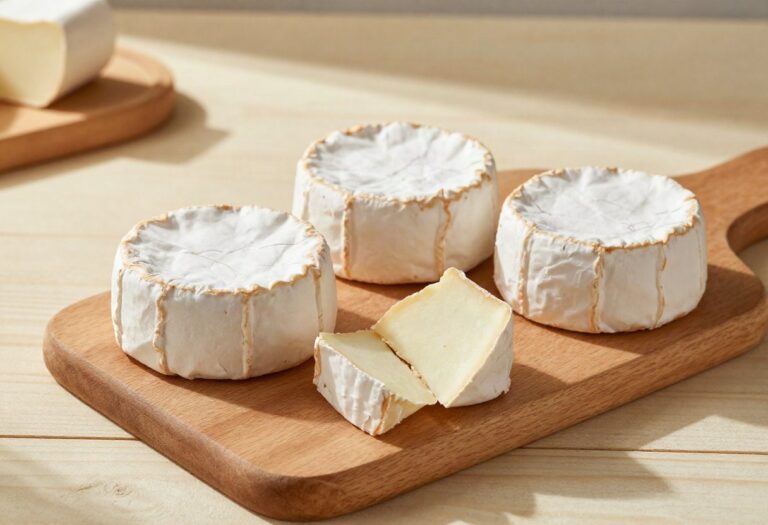 Goat's cheese crottins on a board, one cut in half