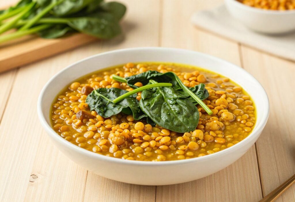 Dahl de lentilles corail aux épinards