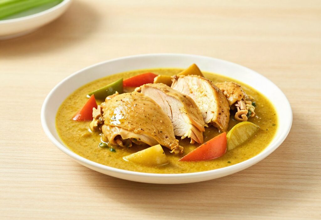 Sliced chicken with curry and vegetables
