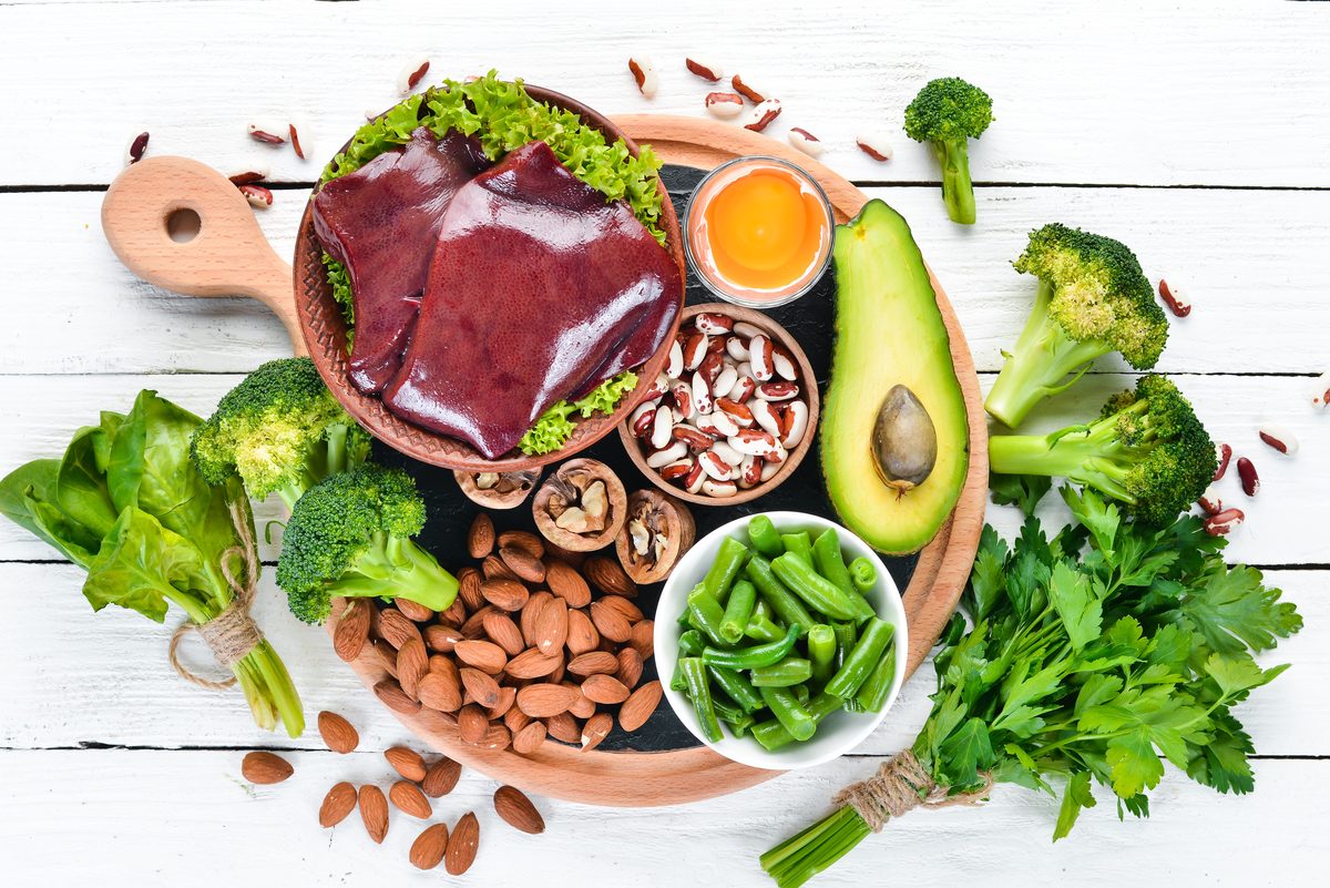Raw liver, beans, broccoli, spinach, avocado and nuts, iron-rich foods