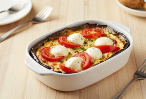 Aubergine, tomato and mozzarella gratin