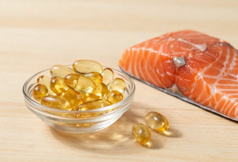 Salmon oil capsules and salmon fillet