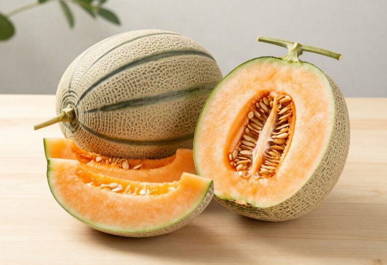 Cantaloupe melon with orange flesh, cut in half