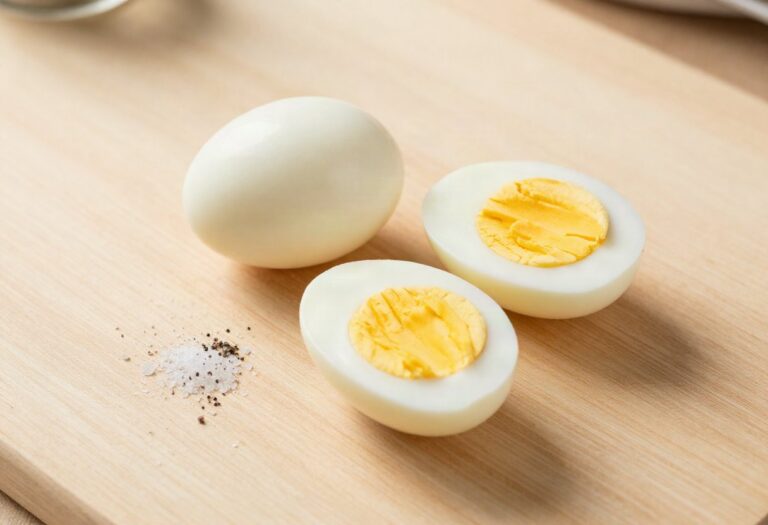 Peeled hard-boiled eggs cut in half