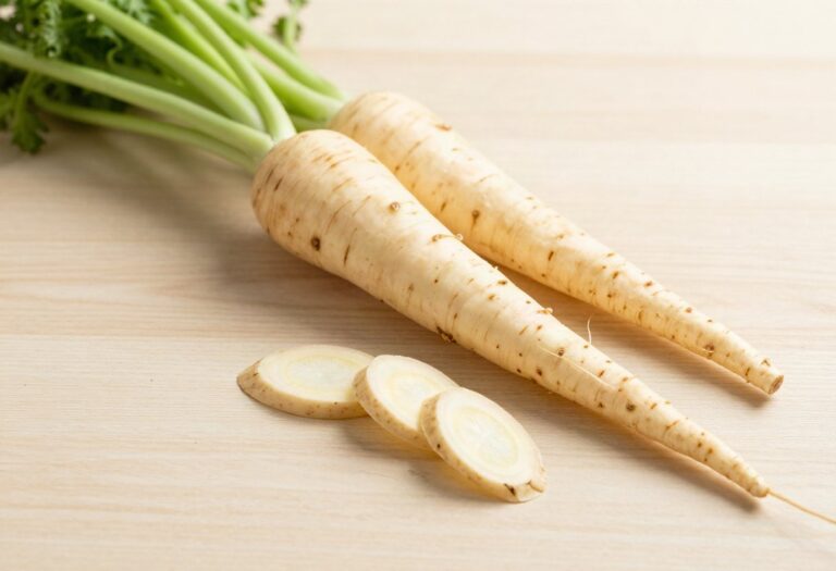 Fresh parsnips, one cut into slices