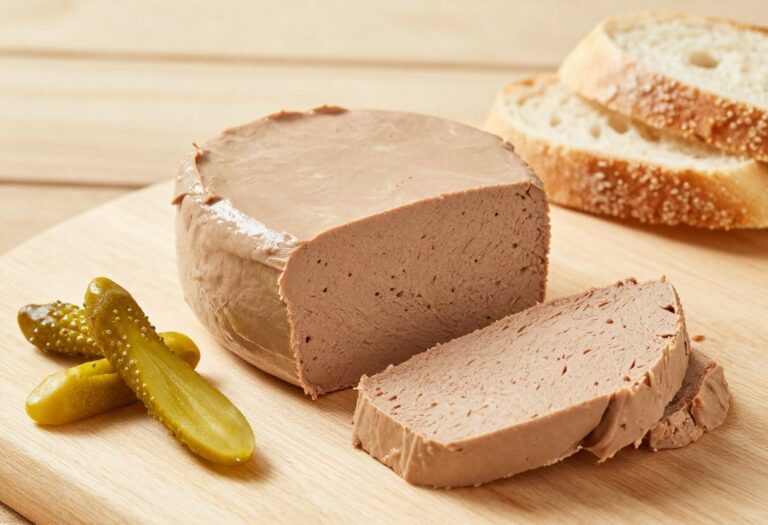 Liver pâté in a terrine and gherkins