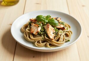 Pâtes complètes, poulet et pesto