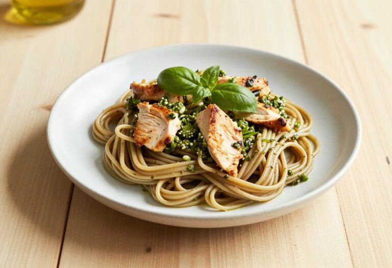 Pâtes complètes, poulet et pesto