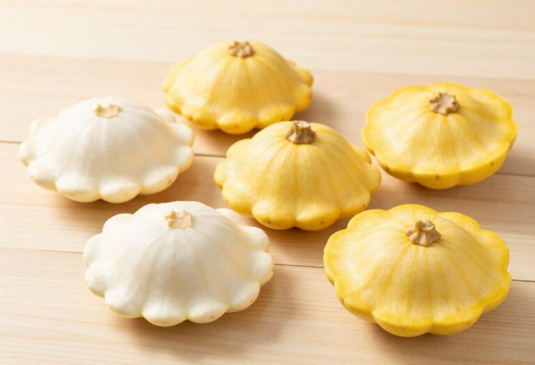 White and yellow patty pan squash, one cut open