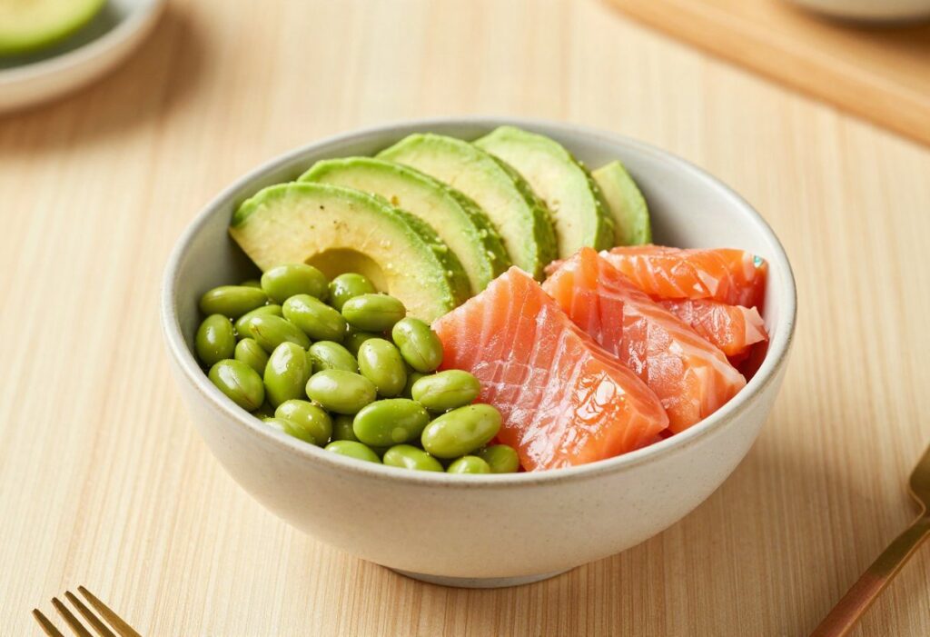 Salmon, avocado and edamame poke bowl
