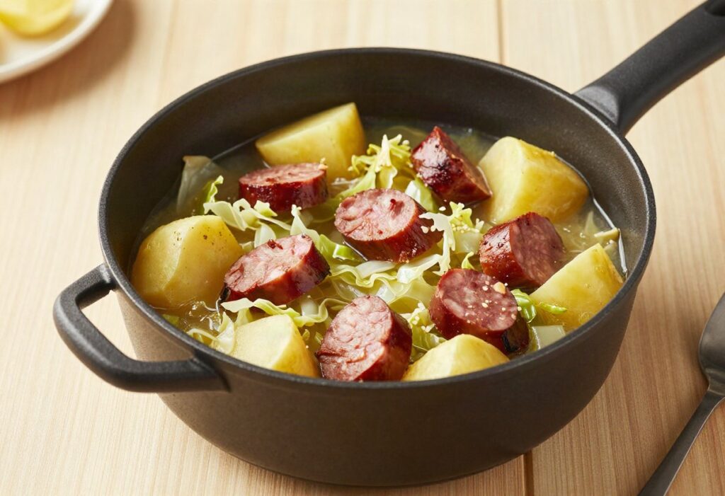 Vegetable hotpot with smoked sausage