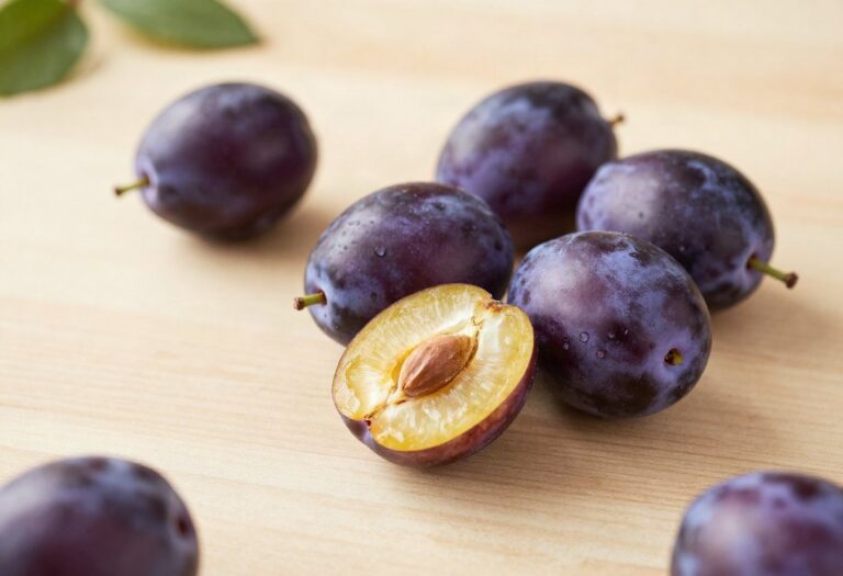Purple plums, one cut open