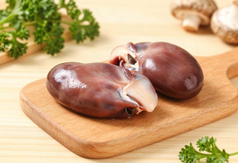 Raw pork kidneys, one cut open