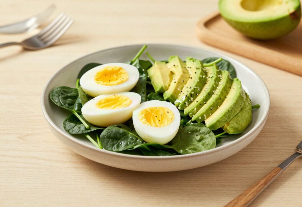 Spinach, hard-boiled egg and avocado salad