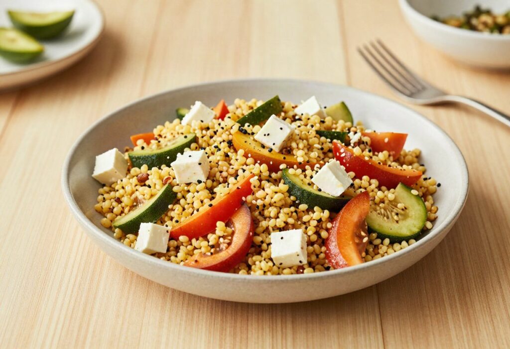 Bulgur, vegetable and feta salad