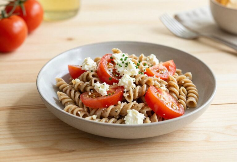 Salade de pâtes complètes, feta et tomates