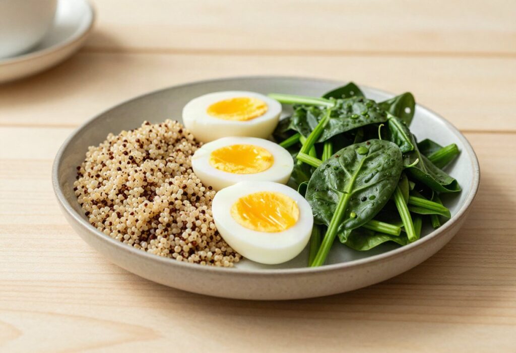 Quinoa, hard-boiled egg and spinach salad