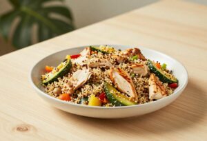 Salade de quinoa, poulet et légumes croquants