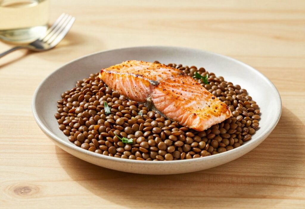 Warm lentil and salmon salad