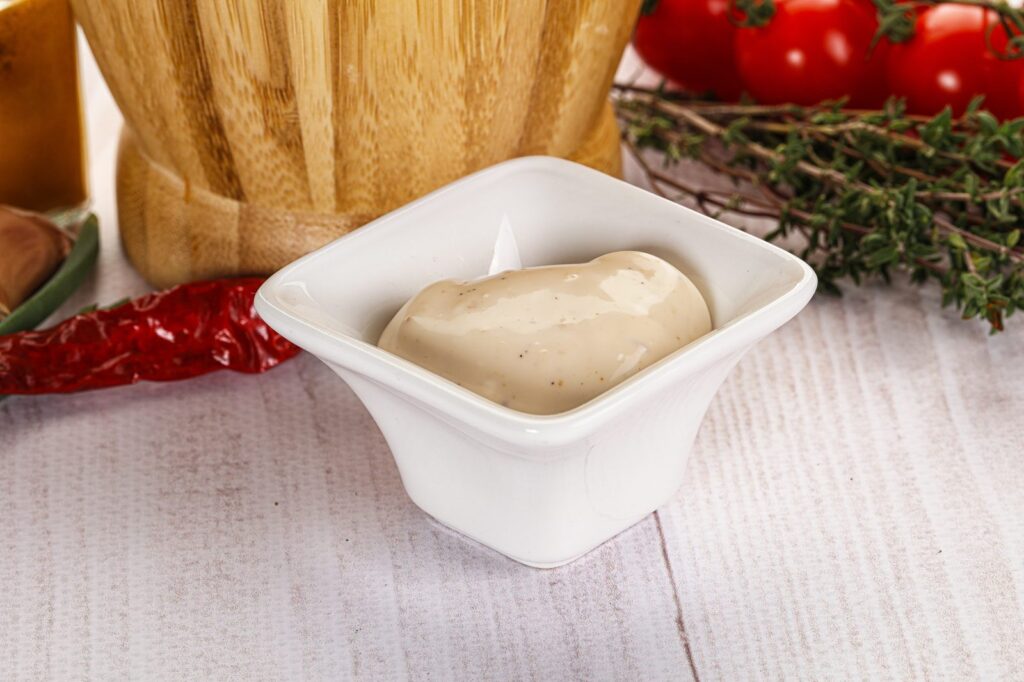 Creamy burger sauce in a white ramekin next to cherry tomatoes