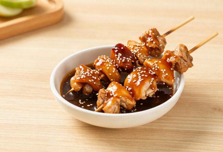 Teriyaki sauce and glazed skewers
