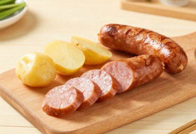 Sliced Morteau sausage and potatoes