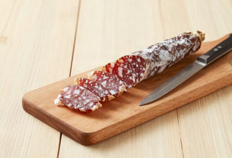 Sliced dry sausage on a board