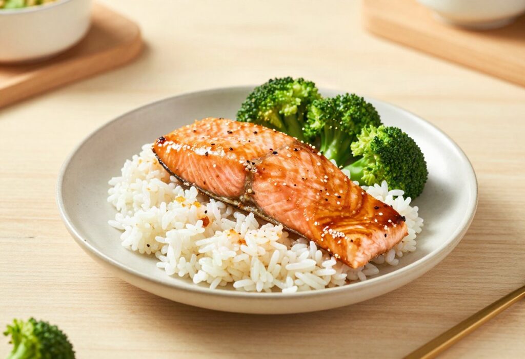 Teriyaki salmon, rice and broccoli