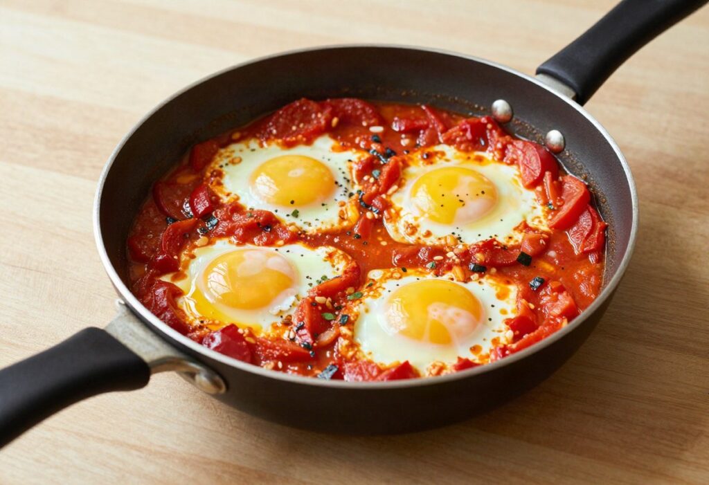 Shakshuka: poached eggs in tomatoes and peppers