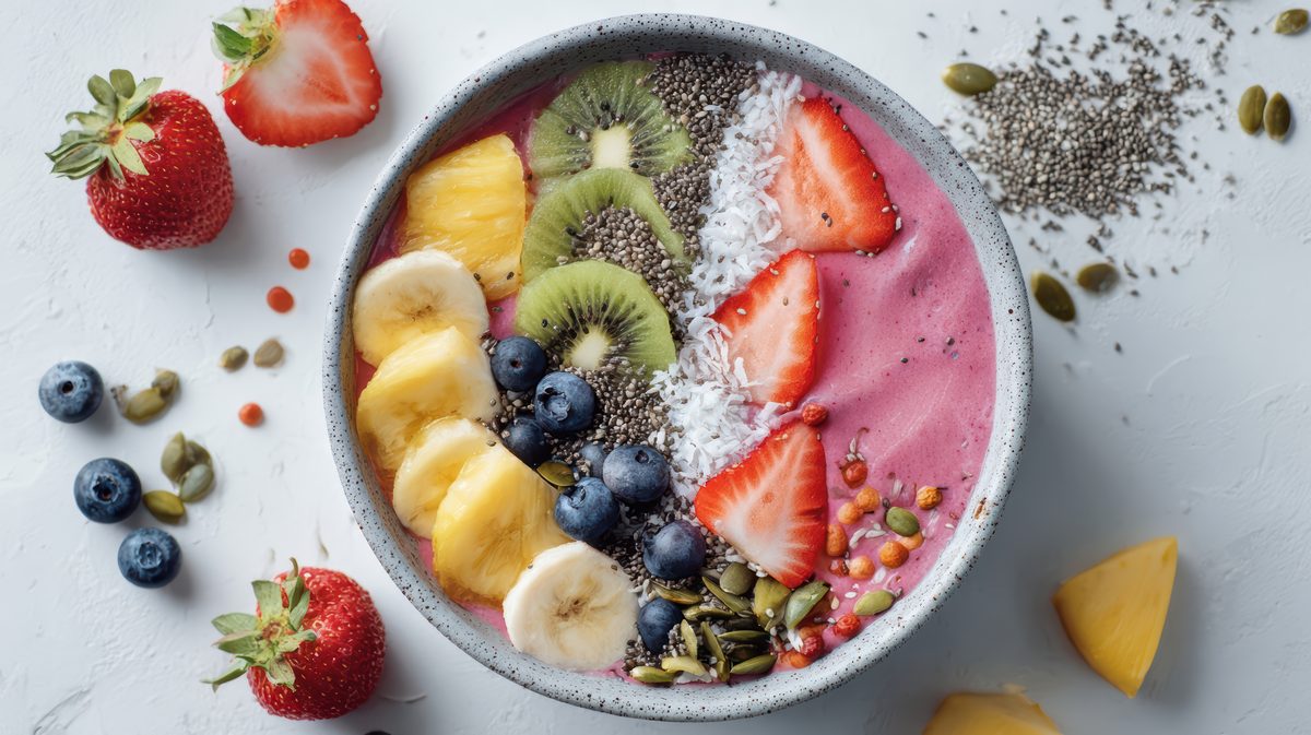 Smoothie bowl topped with kiwi, banana, strawberries, blueberries and chia seeds