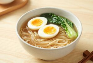 Soupe ramen aux légumes et œuf mollet