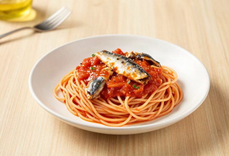 Spaghetti with sardines and tomato