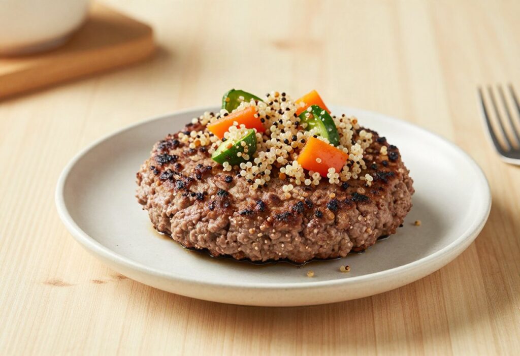 Beef burger patty, quinoa and vegetables