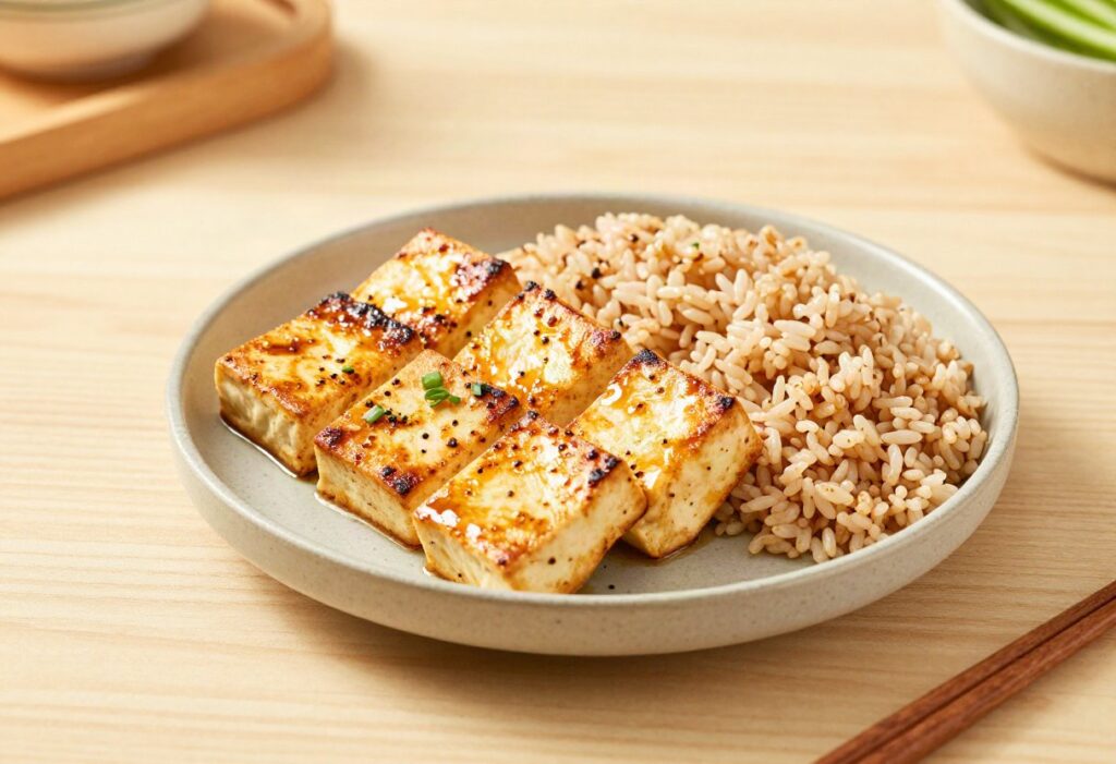 Marinated grilled tofu and brown rice