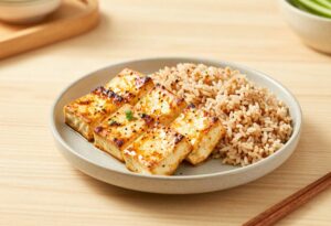 Marinated grilled tofu and brown rice