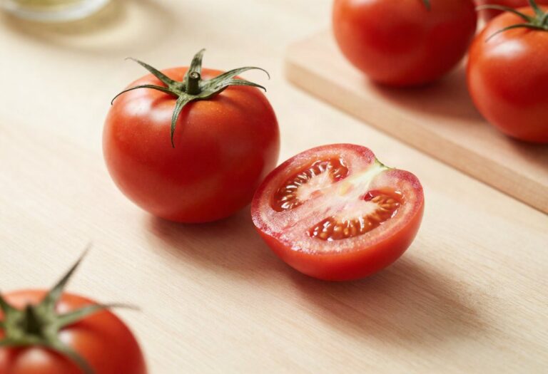 Round tomatoes, one of them sliced