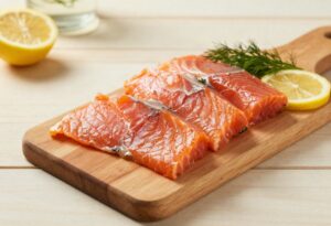 Slices of smoked salmon, lemon and dill